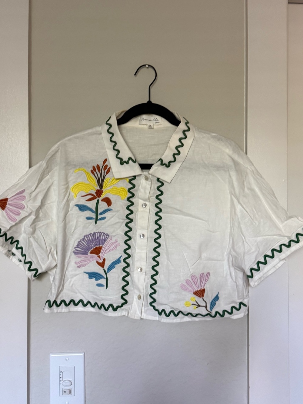 Amable by Mable White Shirt with Green Rickrack and Yellow Embroidery